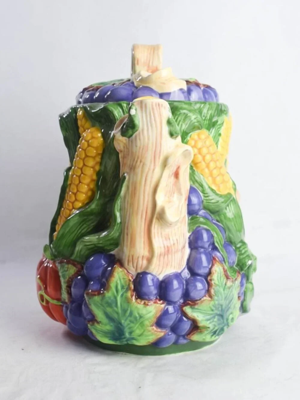 Flowers Inc Balloons Fall Harvest Ceramic Teapot Majolica Corn Grapes Pumpkin